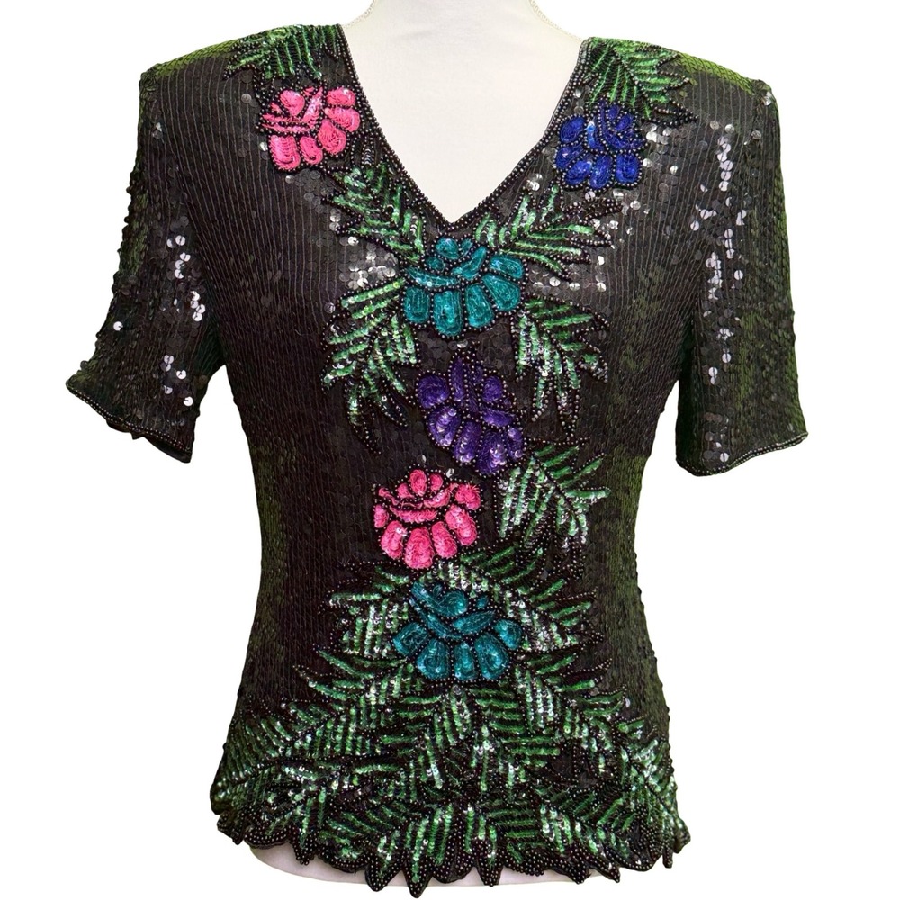 Vintage Stenay Large 100% Silk Beaded Sequin Floral Evening Top Black India